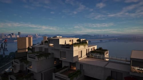 Una vista panorámica de una ciudad con un cuerpo de agua