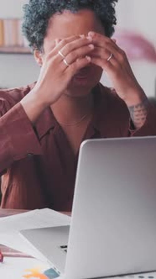 Young Dissatisfied Upset African American Woman Made Fatal Mistake in Laptop