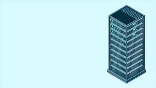 Isometric server animation. Network server room. 3D computer equipment. Storage database