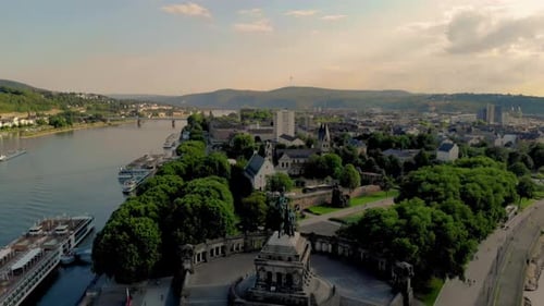 Deutsches Eck or German Corner Headland in Koblenz Where Mosel River Joins Rhine in Germany