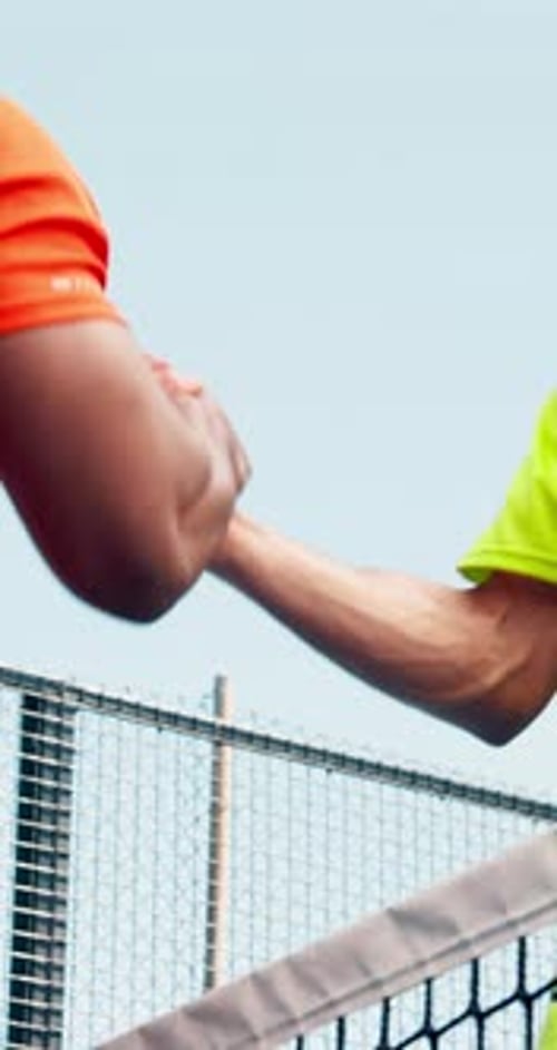People, handshake, padel and tennis court, match and respect for competition, low angle and contest