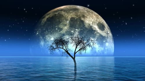 Abstract Sea Tree With Moon Night And Sky Loop 4k