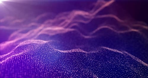 Futuristic abstract purple glowing wave lines from dots and particles of shining pixels magical ener