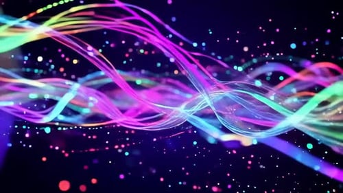 Abstrakte bunte leuchtende Linien, gewellte, fließende Fasern, Partikel