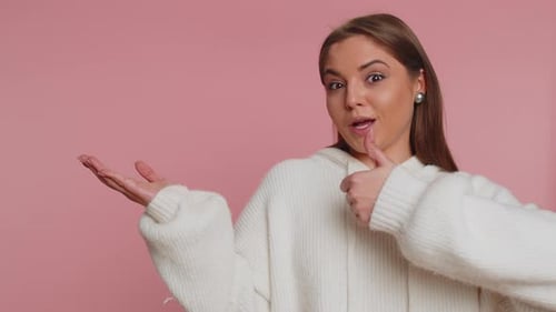 Woman Pointing Empty Place Advertising Area for Commercial Text Copy Space for Goods Promotion