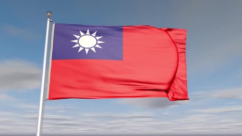 Republic of China Taiwan Flag Waving in Blue Sky