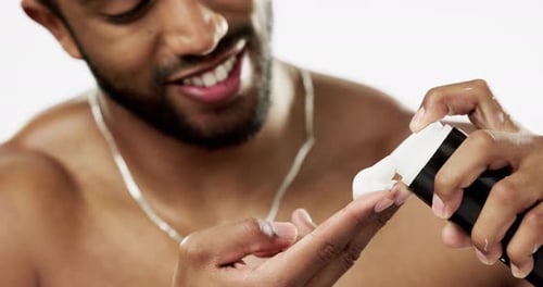 Skincare, cosmetics and man with shaving cream, grooming and hygiene isolated on white studio