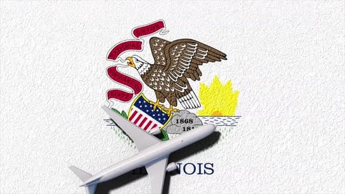 Illinois State Flag And Airplane Fly Flight And Travel Concept