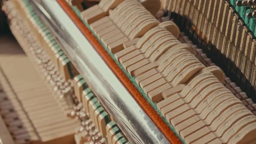 Close-Up of Inner Mechanics of Upright Piano during Music Performance