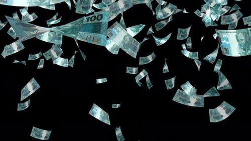 Money rain. Brazilian real banknotes falling down. BRL paper money bills falling. Alpha channel. 3D