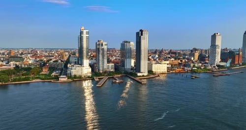 Waterline Square development in New York City. Drone footage over the Hudson River