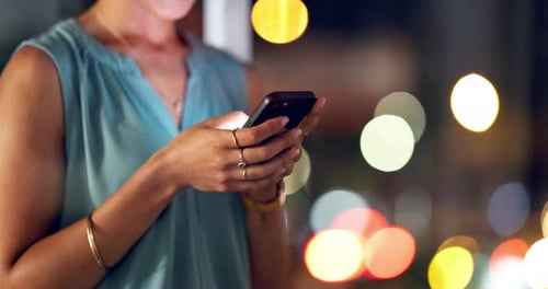 Night, phone and woman hands typing message, chat or online networking on mobile app connection