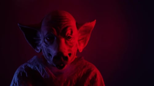 Scary Pig Mask in Red and Blue Light