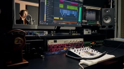 On the sound engineer's computer monitor sound tracks for mixing a new soundtrack that girl sings
