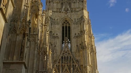 Closeup architecture detail of the Stephansdom or St. Stephen Cathedral facade and south tower