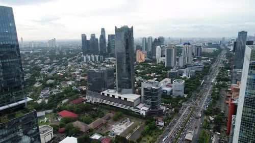 Panoramic cityscape of Indonesia capital city Jakarta at sunset