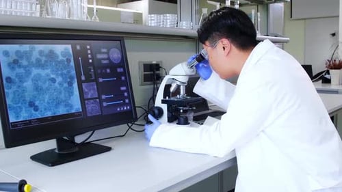 Young Adult Works with Microscope in Lab