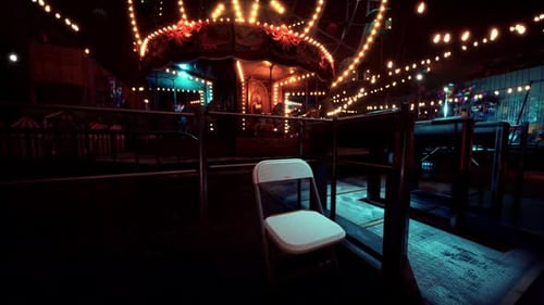 Nighttime Amusement Park with a Vibrant Carousel and Bright Lights