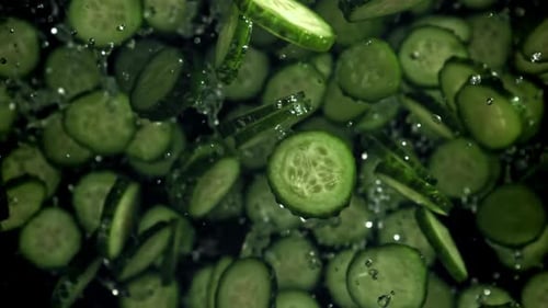 Fresh Cucumber Slices Falling with Splashes of Water