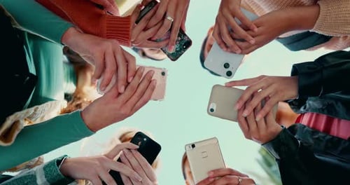 Friends group, circle and phone in low angle, campus or mobile connection with scroll
