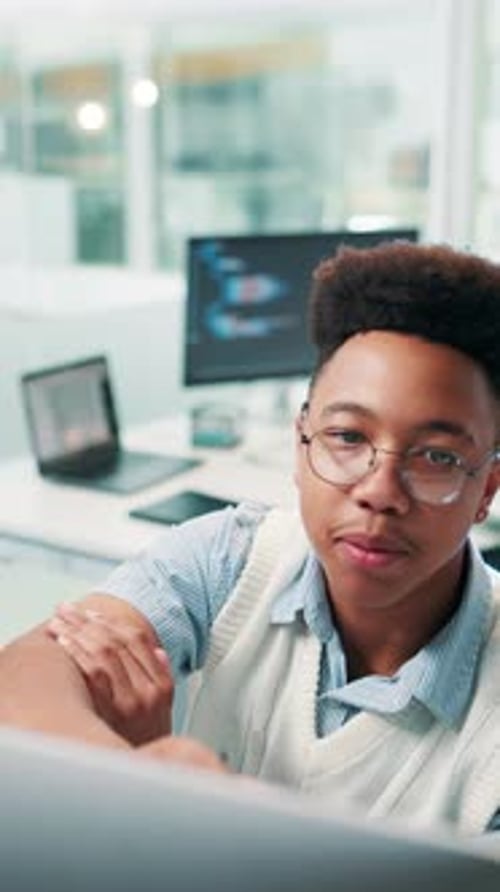 Computer, coding and business man talking in office for software development, database and planning