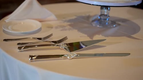 Close Up of a Beautifully Decorated Wedding Cake and a Knife for Slicing