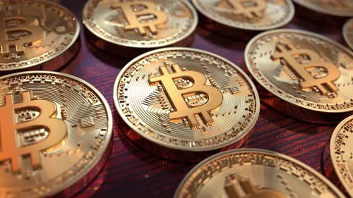 3D Animation of Golden Bitcoin Coins on Wooden Background