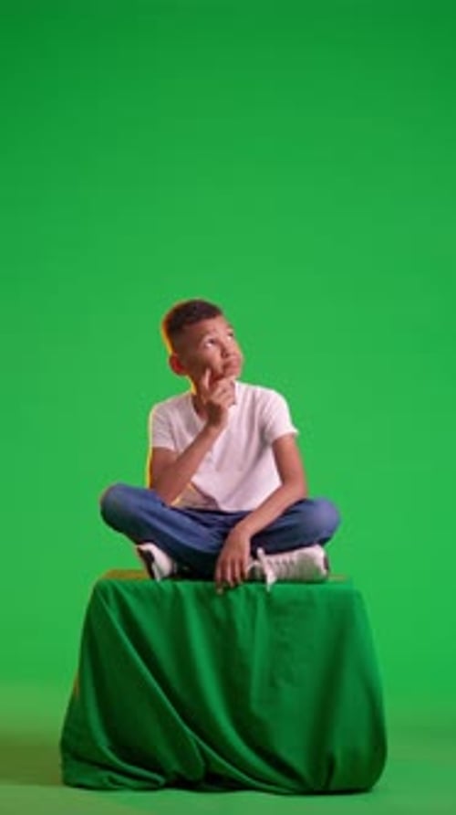 The Schoolboy Sits Thoughtfully and Then Points Up Coming Up with an Idea