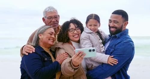 Selfie, beach and grandparents, parents and child in nature for holiday, vacation and weekend