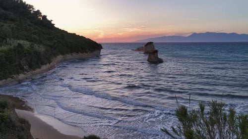 Captivating Corfu Coastal Sunset: Serene seascape with unique rock formations,