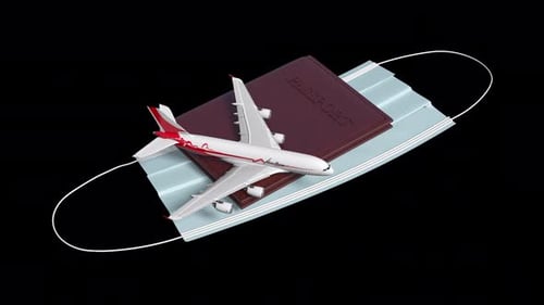 Modern Travel Safety Concept with Airplane, Passport, and Mask