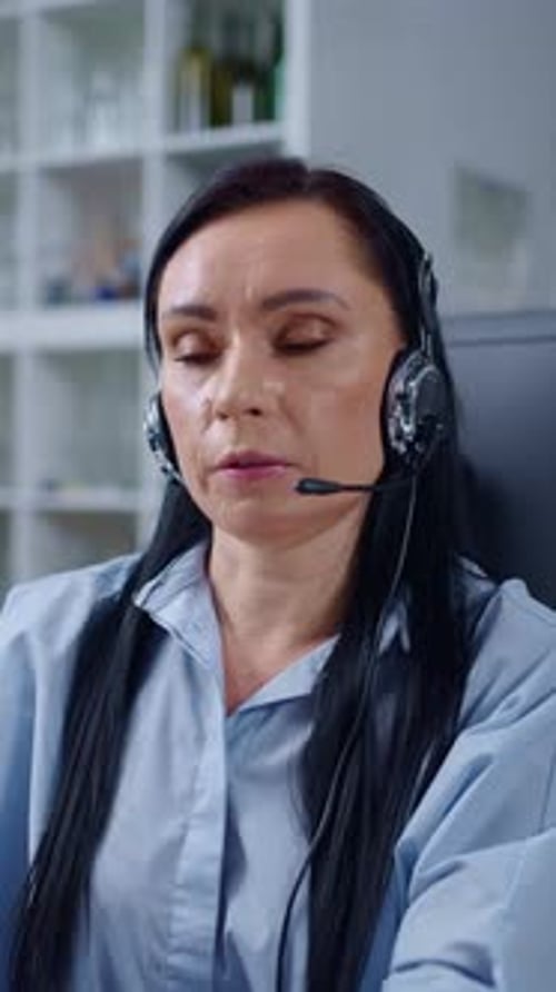 Focused Mature Call Center Agent Wearing Headset and Microphone Providing Professional Customer