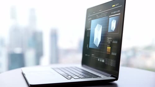 Technology and Programming Concept - Laptop Computer with Virtual Projection on Screen