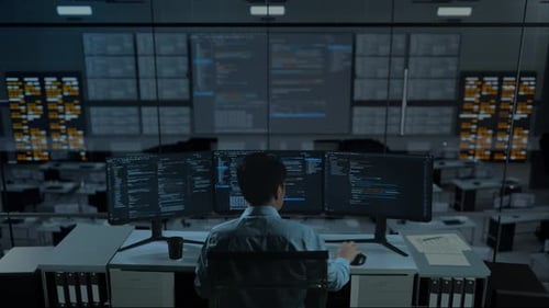 Asian Man Using Computer To Write Code With Multiple Screens In office
