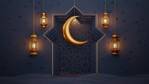 Golden Crescent Moon and Lanterns for Islamic Celebrations