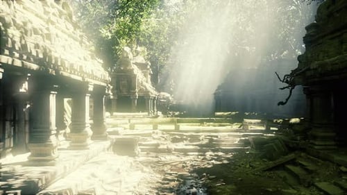 Parc ensoleillé du temple historique entouré d'une végétation luxuriante et de piscines sereines