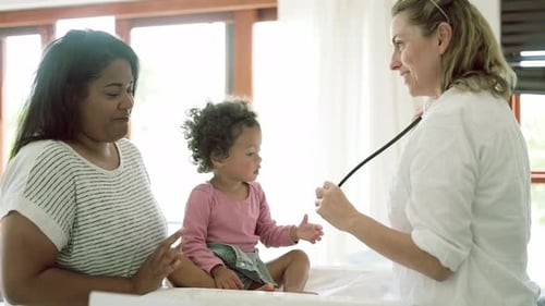 Doctor, baby mother and woman with stethoscope in hospital for healthcare service