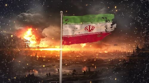 Iran flag waving in war torn and damaged