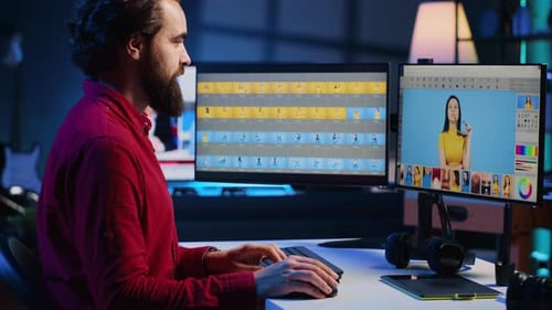 Man Editing Photos at Computer in Dimly Lit Office