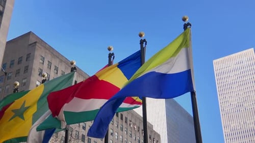 International Flags Waving in City Setting