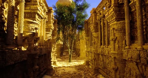 Ruines d'un ancien temple entourées d'une végétation luxuriante pendant l'heure dorée