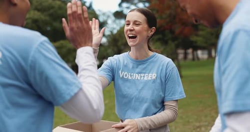High five, volunteer and people in park for teamwork at charity event, community service