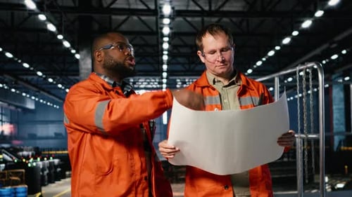 Des ingénieurs diversifiés gèrent le flux de travail d'assemblage avec des plans industriels