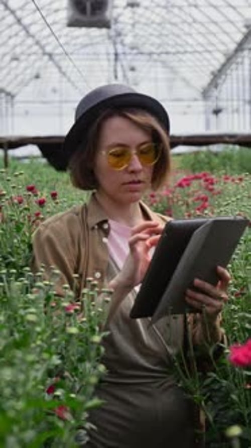 Woman Farmer Uses Tablet in Flower Greenhouse