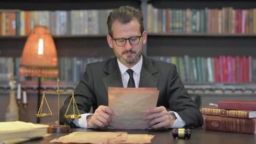 Middle Aged Lawyer Reading Court Orders in Office