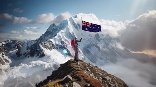 Montañero con la bandera de Australia en la cima de la montaña
