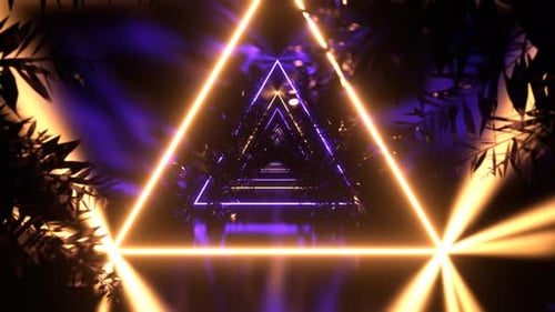 Yellow And Purple Neon Triangle Tunnel With Tree Branches Background Vj Loop In 4K