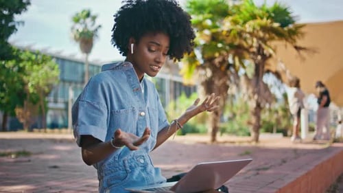 Happy Hipster Talking Online Meeting Sitting Street Close Up Girl Video Calling