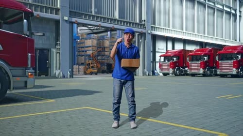 Full Body Of Unsatisfied Male Shouting To Camera While Delivering A Carton, Outside Warehouse