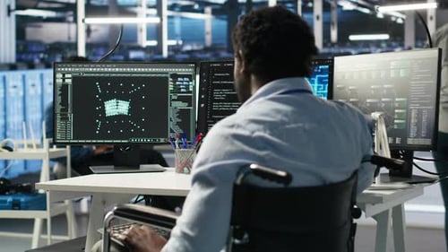 Overworked Man in Wheelchair Upset By Error Looking at Server Hub AI Analytics